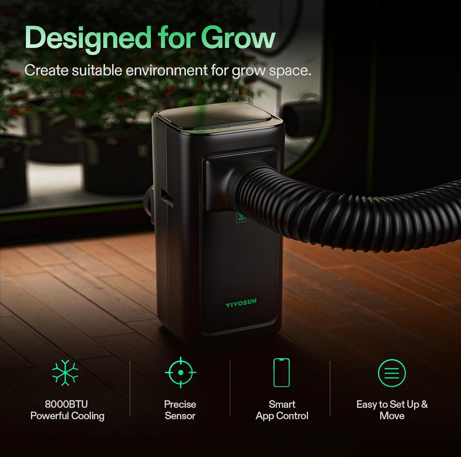 VIVOSUN AeroLush C08 Smart Air Conditioner, 8000BTU, 4-in-1 Function, with Temperature & Humidity Sensor Probe, Smart Remote Control, Designed for Growing Environments