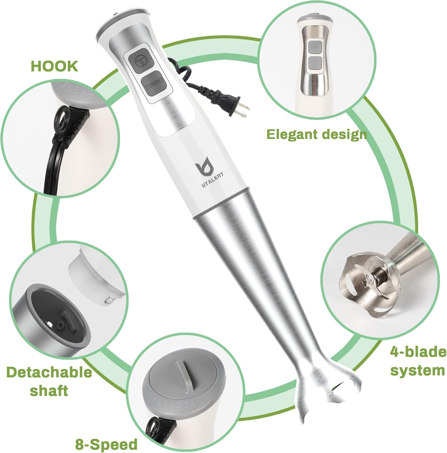 Immersion Hand Blender, UTALENT 3-in-1 8-Speed Stick Blender with Milk Frother, Egg Whisk for Smoothies, Coffee Milk Foam, Puree Baby Food, Sauces and Soups - White