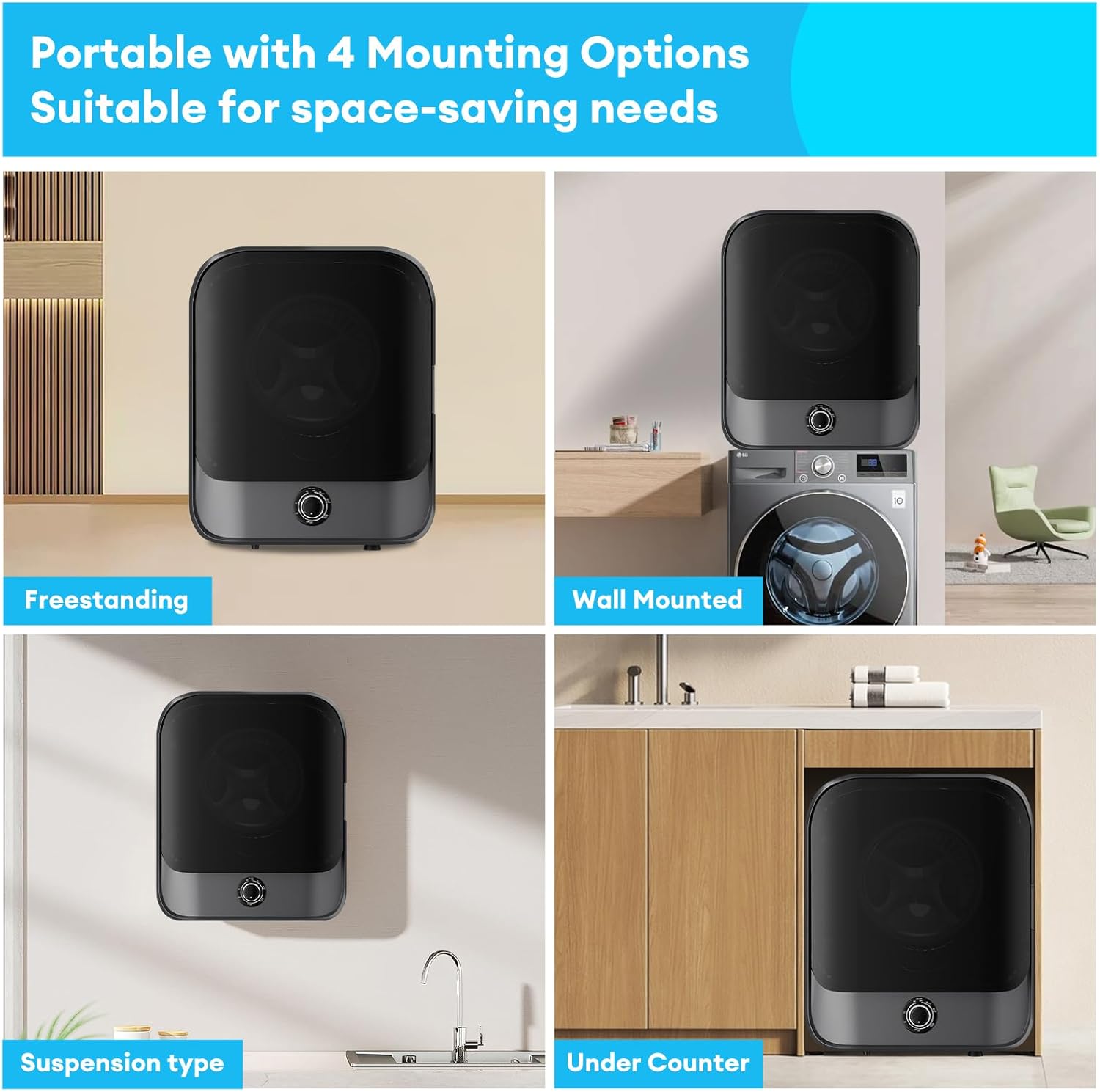 TABU 2.6 Cu.Ft. Portable Dryer for Laundry, 110V Compact Portable Clothes Dryer with Stainless Steel Tub & Control Knob, for Apartments, Dorm, RV, Black