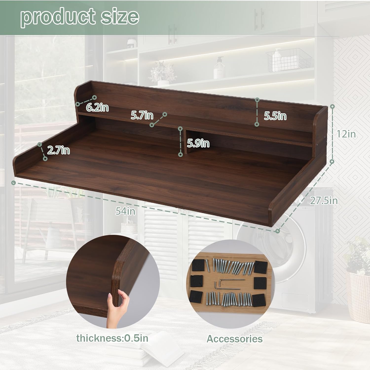 2-Tier Washer Dryer Countertop, Waterproof Laundry Countertop with Anti-Slip Mat, 54