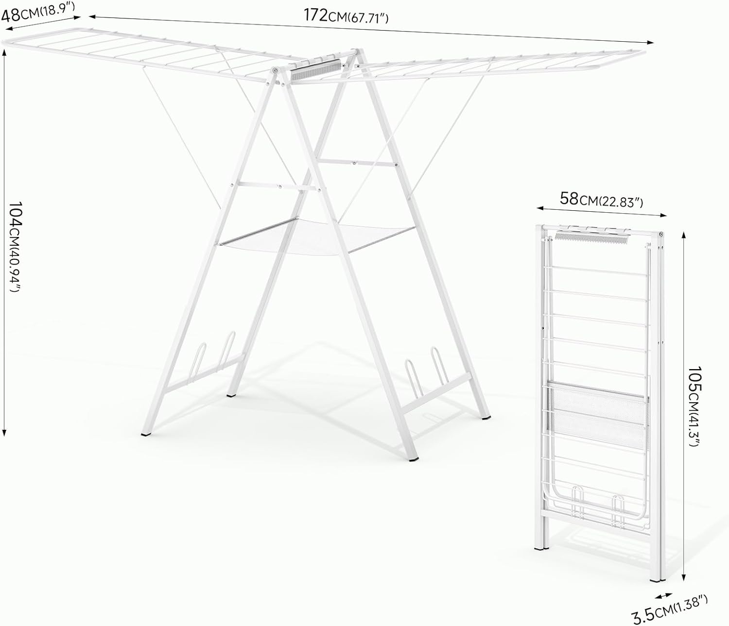 APEXCHASER Drying Rack Clothing, Clothes Drying Rack Foldable, Metal Laundry Drying Rack Collapsible for Sweater Towel Indoor Outdoor, Gullwing Clothes Rack Drying with Height Adjustable Rails, White