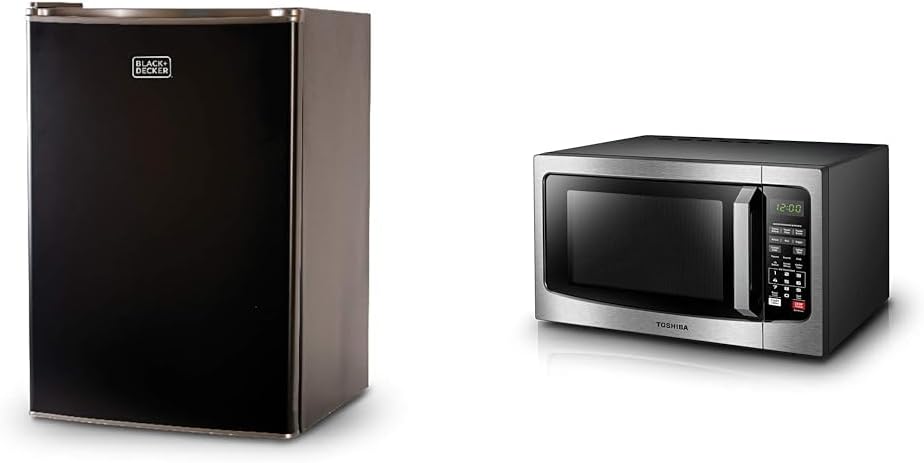 BLACK+DECKER BCRK25B Compact Refrigerator Energy Star Single Door Mini Fridge with Freezer, 2.5 Cubic Feet, Black & TOSHIBA EM131A5C-SS Countertop Microwave Ovens 1.2 Cu Ft, 12.4