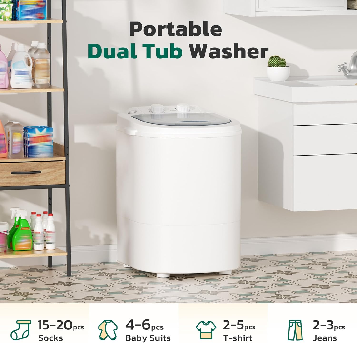 Greenvelly Portable Washing Machine, 6.6lbs Single Tub Small Laundry Washer with Spin Basket, Semi-automatic Washer Machine for Apartment, Dorms, RV, Home (Grey White)