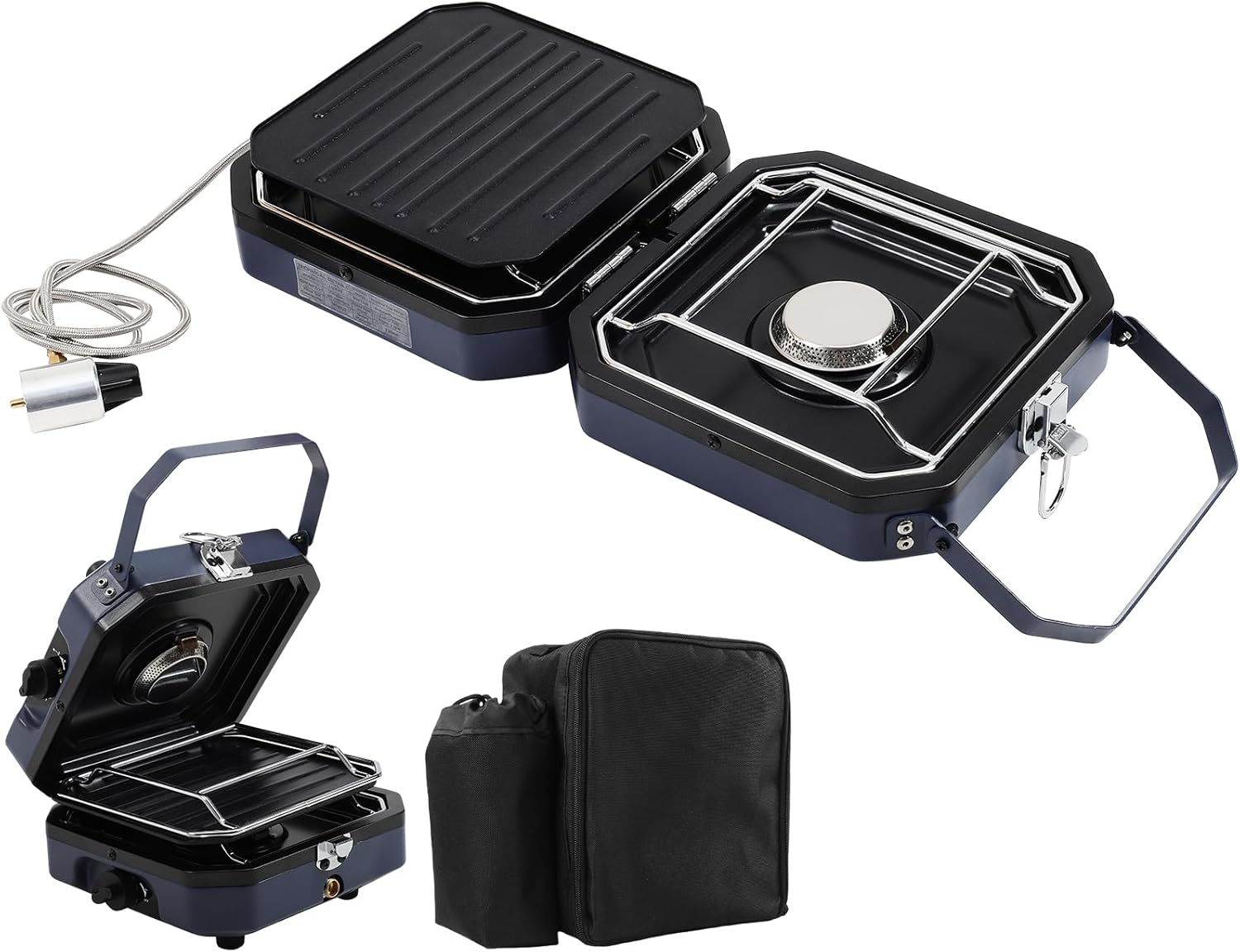 2 Burner Propane Camping Stove With Grill,Portable Foldable Camp Stove With 17000BTU, Two Piezo Ignition Adjustable Windproof Burners forCamping, Grilling, Tailgating, & More (Blue)