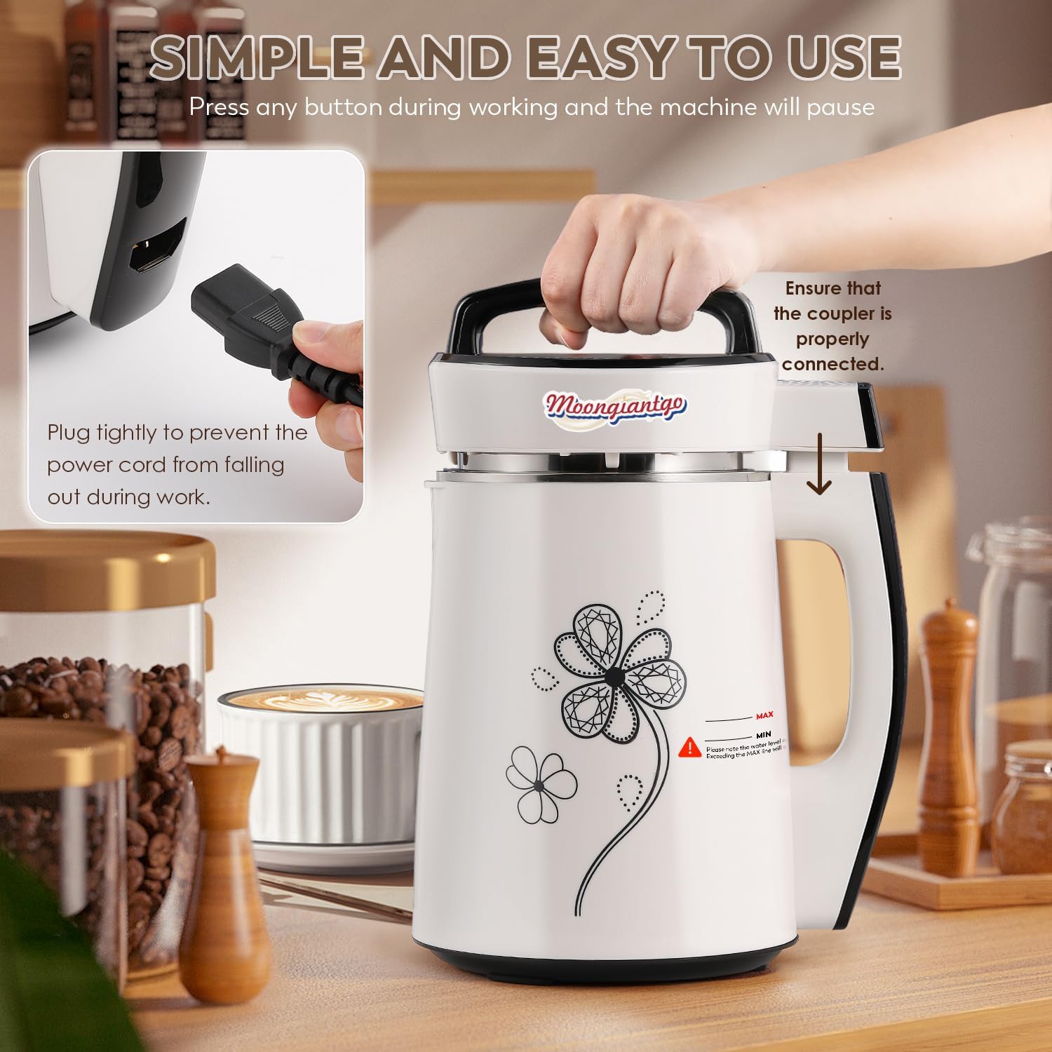 Moongiantgo Automatic Soy Milk Maker 37.2oz 1100ml, 8 in 1 Nut Milk Maker with Self-Cleaning/Boil Water/Recipe, Homemade Almond Milk Machine, Plant Based Milk, Juice Beverages Maker, 110V