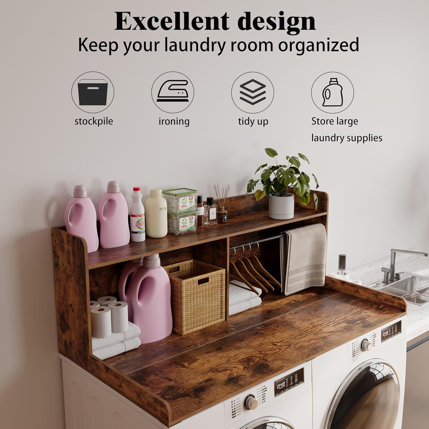 2-Tier Washer Dryer Countertop with Clothes Rail，Laundry Topper with Edge and Non-Slip Pad for Washer and Dryer Laundry Hamper Counter Storage Organization (Rustic Brown, Full)
