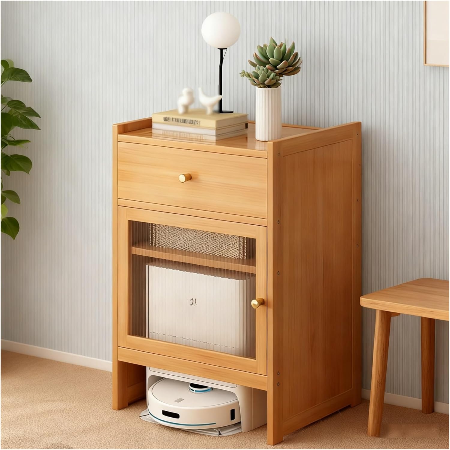 Modern Robot Vacuum Storage, Robot Night Stand Accent Side Tables for Living Room, Bedroom, Bathroom, Balcony, Easy to Clean(Natural)