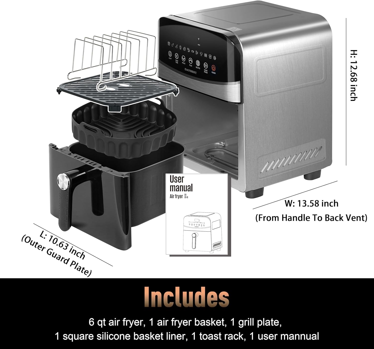 Stainless Steel Air Fryer Ceramic 12 in 1, Dual-Blazes in Steel Housing, 6QT 2-3 Servings Visible 8.27