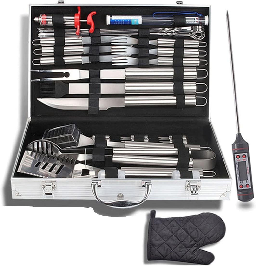 BBQ Grill Tools Set, Stainless Steel BBQ Accessories Tool Set with Meat Thermometer and Injector, BBQ Utensils Set for Foodies, Barbecue Fans, Cooks, Camping Lo