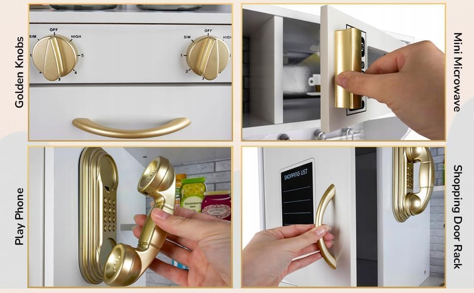 Large Kids Wooden Kitchen Play Set & Kitchen Accessories, Girls Boys Learning Pretend Toys with Utensil Cooking Set Oven, Stove, Microwave - White/Gold Edition