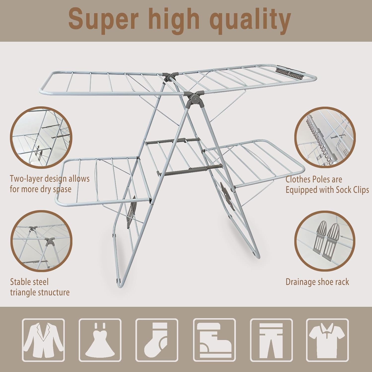 Clothes Drying Rack, Foldable 2-Level Laundry Racks for Drying Clothes Rack,Stainless Steel Drying Rack Clothing Collapsible for Indoor Outdoor,with Height-Adjustable Wings,Gray