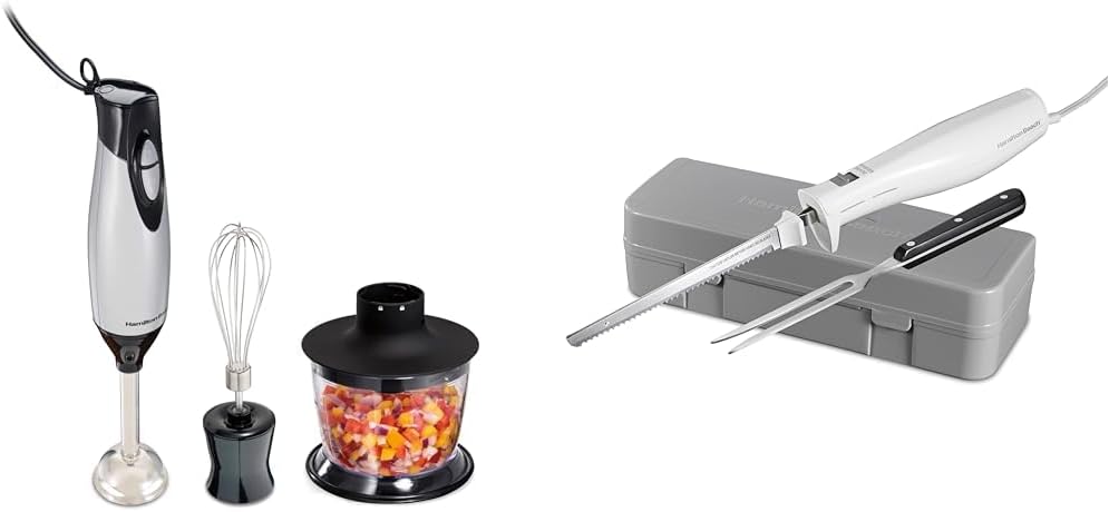 Hamilton Beach 4-in-1 Electric Immersion Hand Blender with Handheld Blending Stick & Electric Knife Set with Reciprocating Serrated Blades, Storage Case, Fork - For Carving Meats, Bread, Foam, More