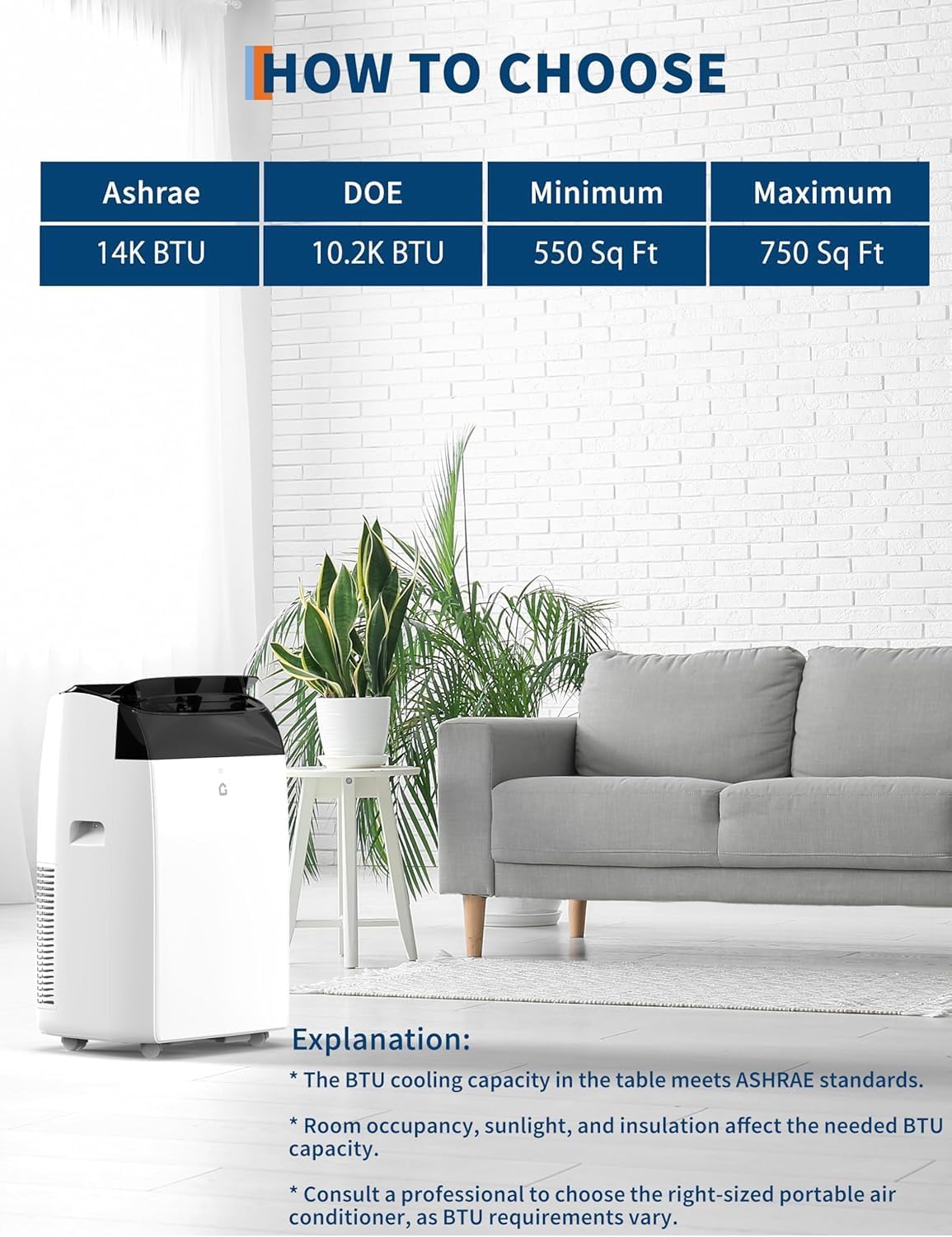 14,000 BTU Portable Air Conditioner – Ultra-Quiet 48dB Cooling for 750 Sq. Ft. | Smart 3-in-1 AC with Remote, 24Hour Timer, Dehumidifier & Fan Modes | Drainage-Free Design