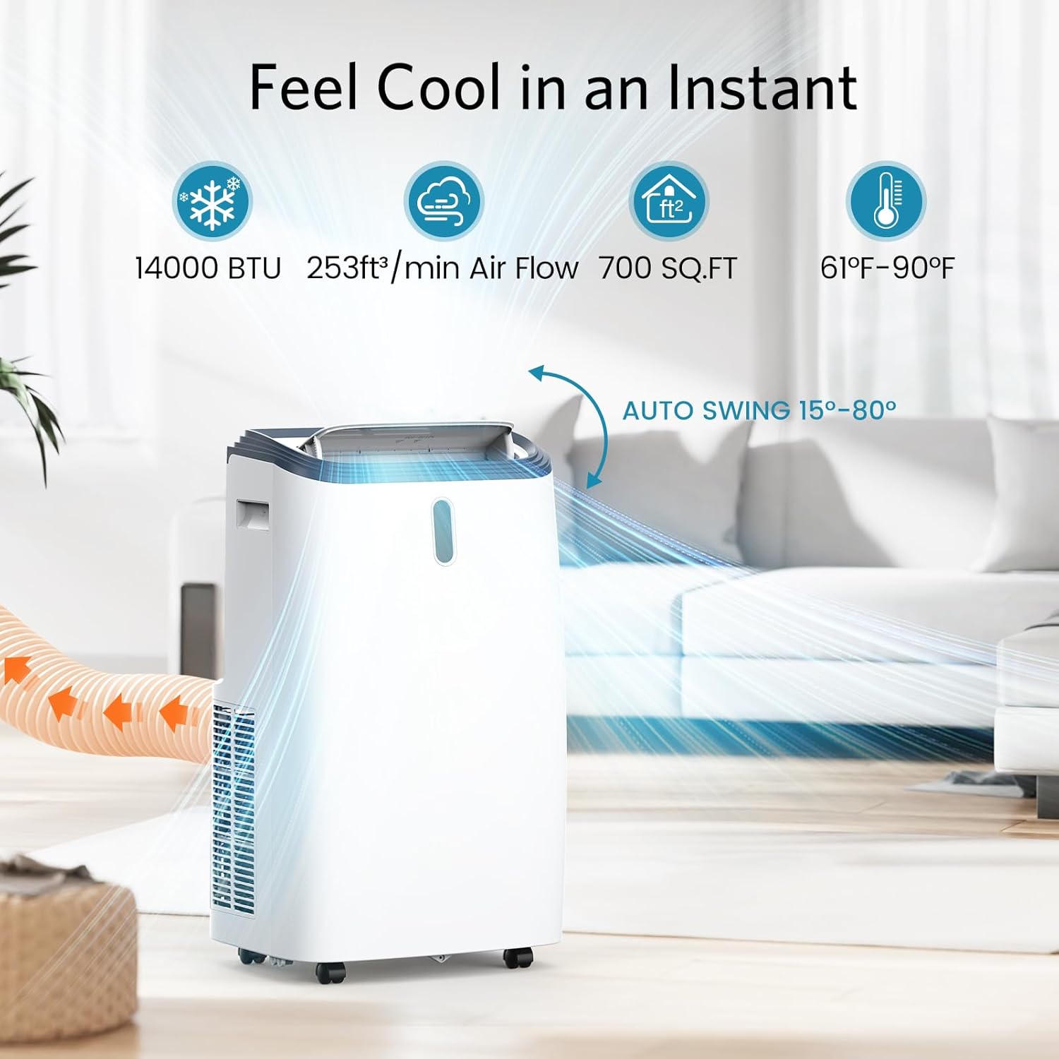 14000 BTU Portable Air Conditioners, Portable AC Unit for Room Cools up to 700 sq.ft, 3-in-1 Free Standing Cooling AC Unit with Fan & Dehumidifier, Sleep Mode,24H Timer, Automatic Louver