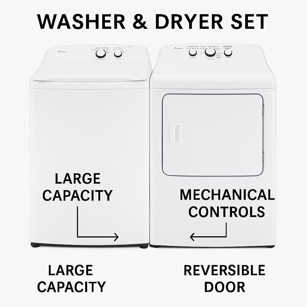 Midea White Top Load Washer and Dryer Pair 3.9 Cu Ft High Efficiency Washer and 6.7 Cu Ft Electric Dryer Bundle with 8 Cycles 4 Temperature Settings Dryer Vent Power Cable and 12 Month CPS Plan