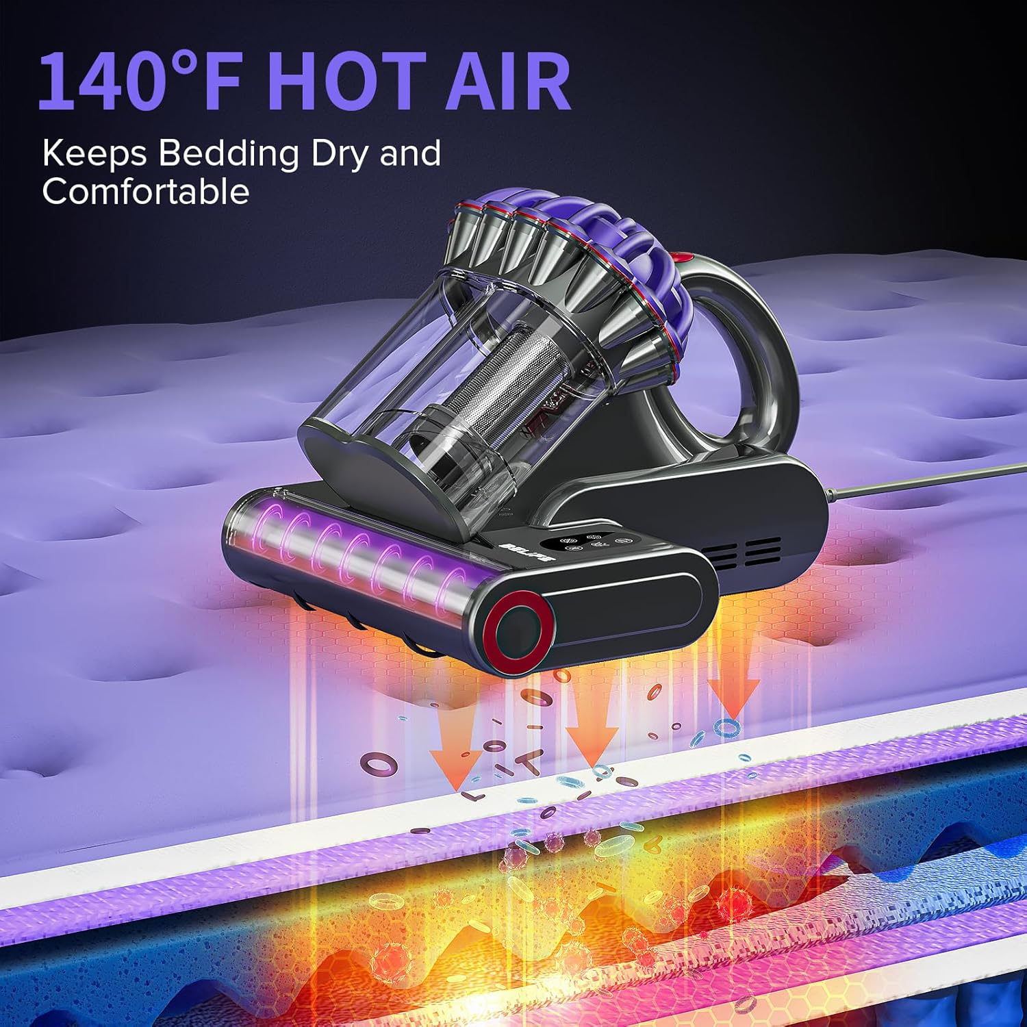 Belife M8 Mattress Vacuum Cleaner, Anti-allergen Bed Vacuum Cleaner with UV & Hot Air & High Heating, 550W 18Kpa Powerful Suction Double-Cup Handheld Vacuum for Bed, Couch, Sofa, Corded (Black)