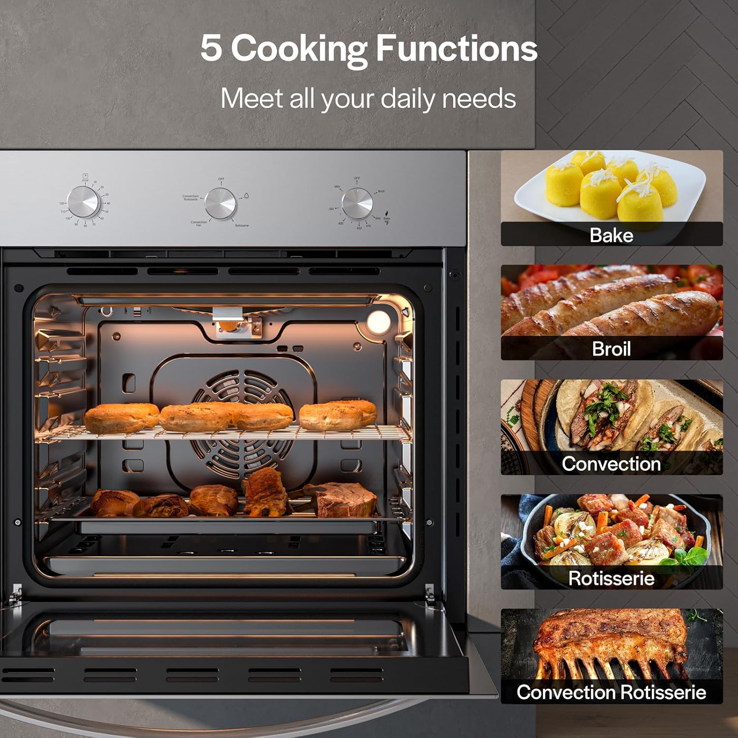Empava 24 inch Built-In Gas Single Wall Oven with Convection and Rotisserie 5 Cooking Modes, Knob Control, Stainless Steel