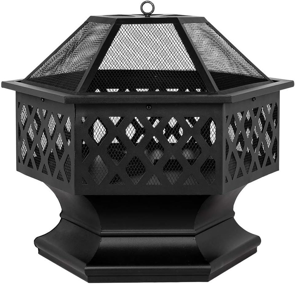 Outdoor Fire Pit Fireplace Portable Firepit Iron Brazier Wood Burning Coal Pit Fire Bowl Stove with Mesh Screen Lid Poker for Camping Patio Garden Backyard Beach Picnic (27.5