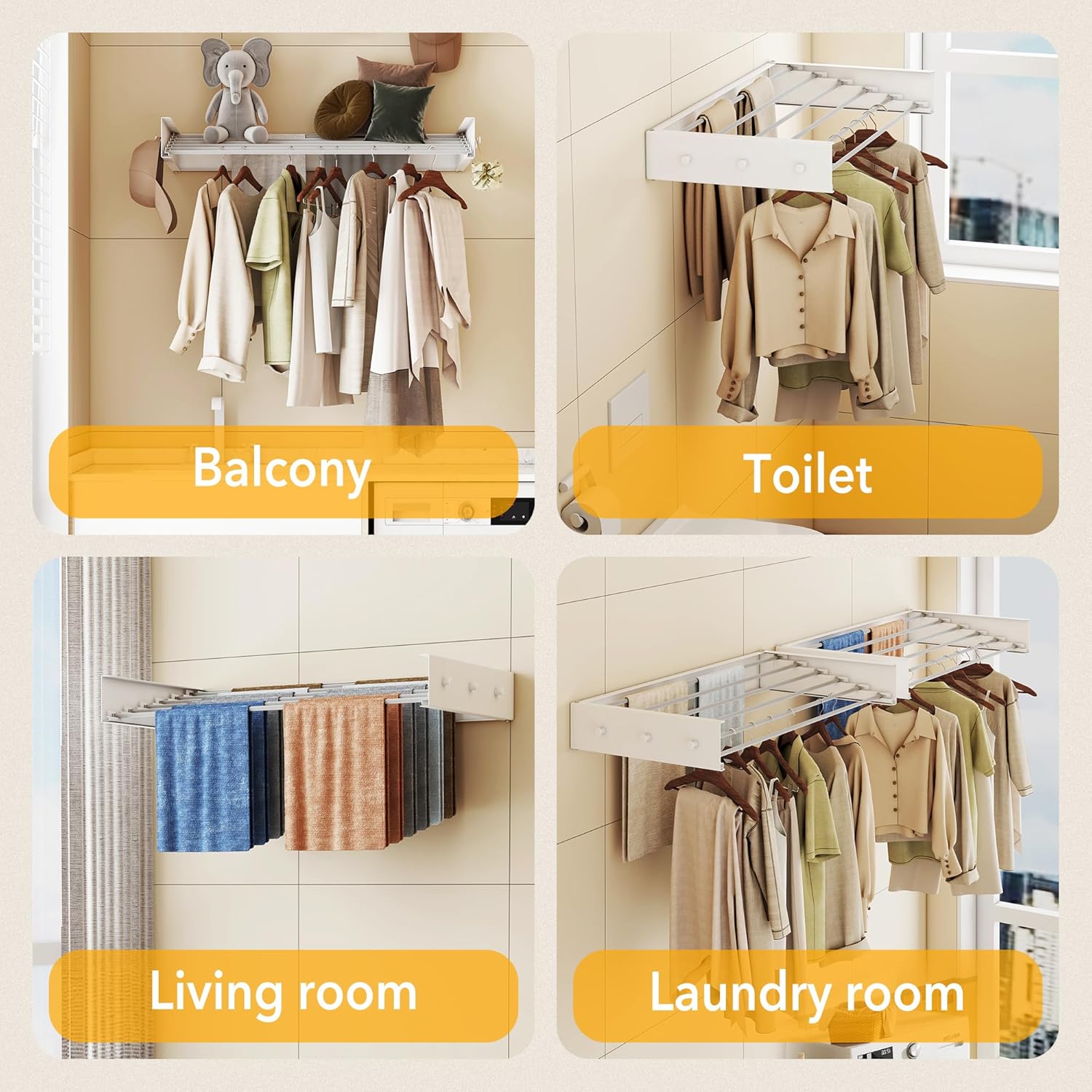 Upgrade Drying Rack Clothing,Clothes Drying Rack Wall Mounted,Laundry Drying Rack Wall Mount,Foldable,Collapsible,Retractable,6 Aluminium Poles,with Hooks,(White 35.5