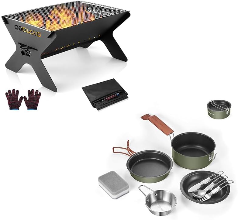 Odoland Bundle - 2 Items Camping Campfire Grill and 10pcs Camping Cookware