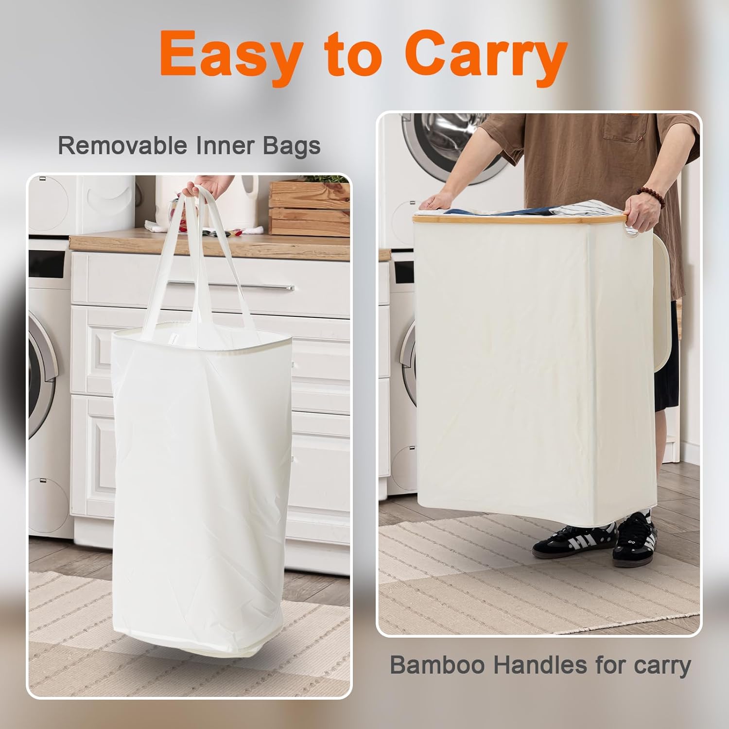 GARPROVM Double Laundry Hamper with Lid 150L Large Laundry Basket with Bamboo Handles Foldable Clothes Hampers with 2 Removable Liner Bags for Laundry for Bedroom Bathroom Dorm Laundry Room (Beige)