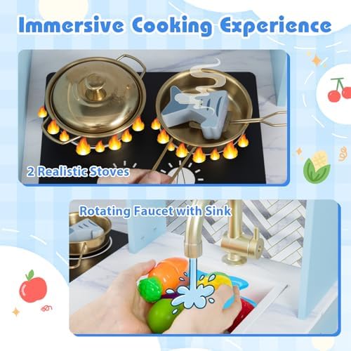 Costzon Kids Kitchen Playset, Toddler Pretend Cooking Playset w/Stoves, Faucet, Sink, Coffee Machine, Range Hood, Microwave Oven & Ice Dispenser, Wooden Chef Play Kitchen for Kids Aged 3+ (Blue)