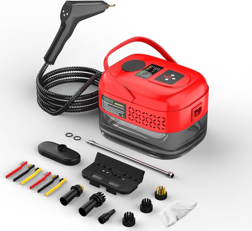 Professional Steam Cleaner with Handheld Design, High Temperature Cleaning System, Multi-Purpose Kit for Kitchen, Carpet, Car, Hood, Complete Accessory Set with Brushes, Gloves, Tools (red 1)