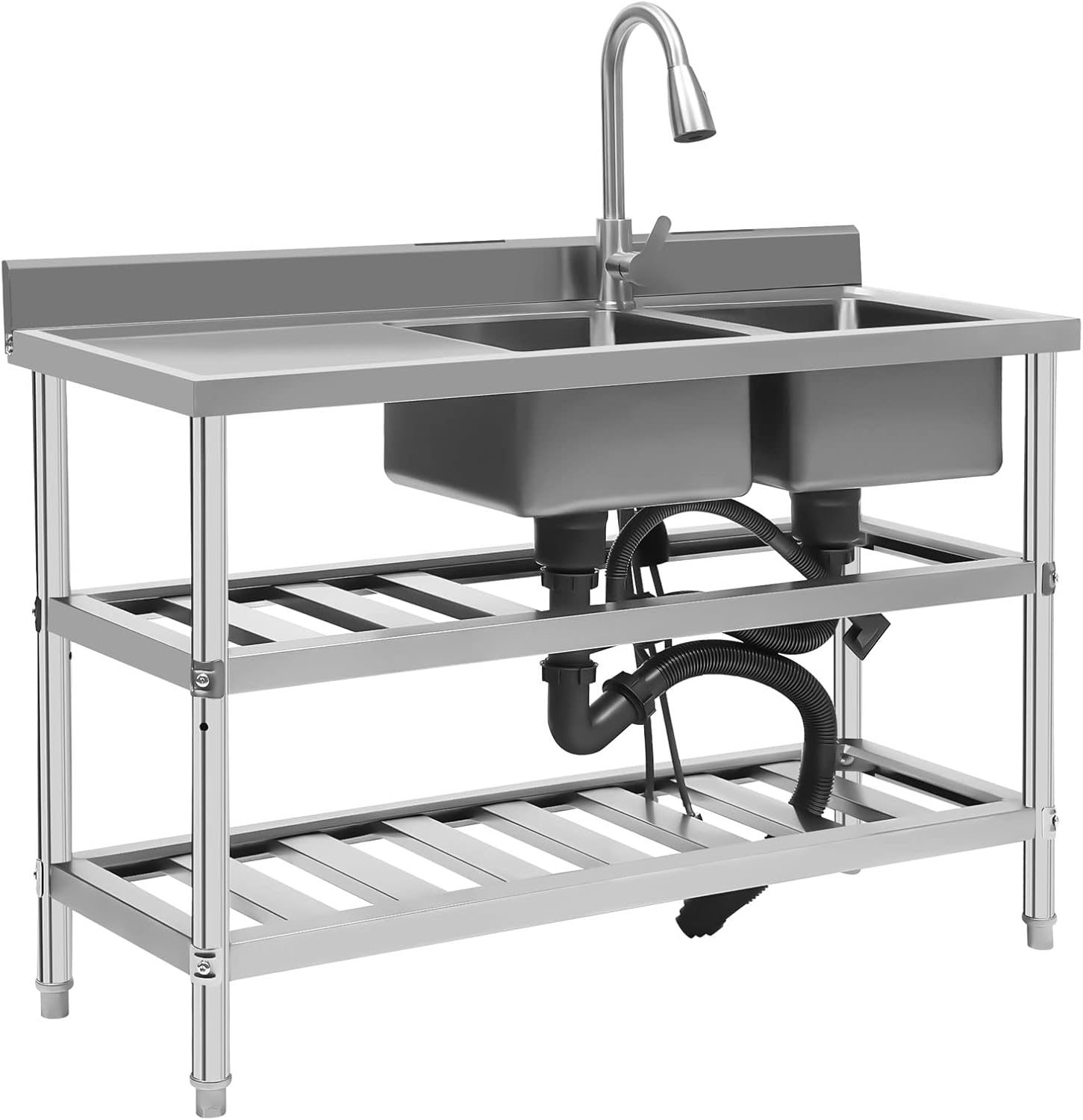 Double Utility Sink, (47.2x17.7x31.9in) Stainless Steel Table with Sink with Water Faucet and Drainage Pipes, Outdoor Sink Kitchen Appliances for Laundry Room Garage Dorm