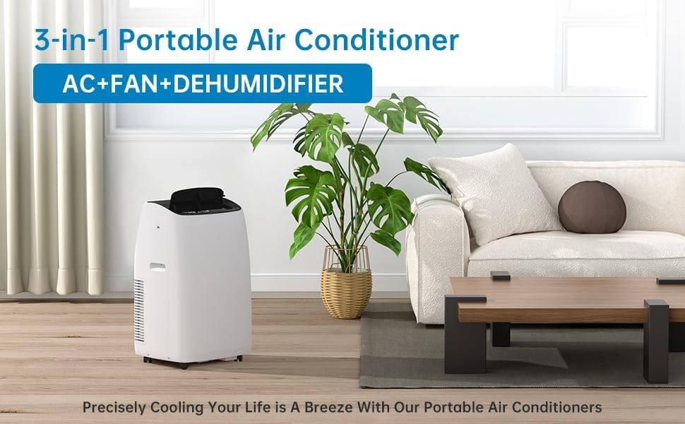 14,000 BTU Portable Air Conditioner，with Dehumidifier & Fan - Cools Rooms Up to 750 Sq.Ft | Includes Window Kit, Remote, Timer & Sleep Mode | Easy Setup，Black and While