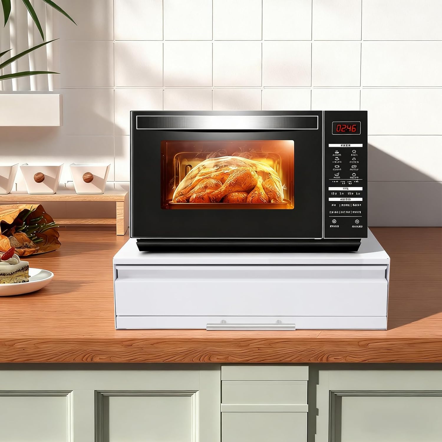 Microwave Stand with Drawer, Pull Out Shelf and 2 Doors, White Kitchen Counter Organizer for Microwave Oven, Coffee Maker Toaster, Modern Storage Cabinet with Wheels for Small Space