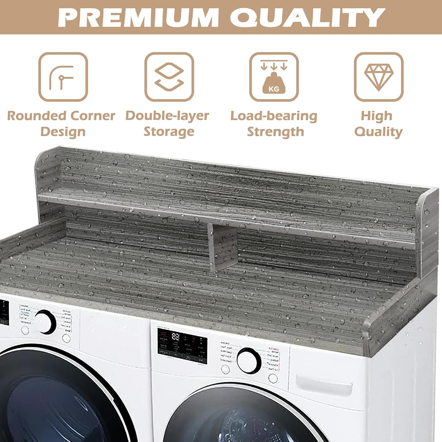 Royxen Laundry Countertop with 2-Tier Shelf Universal Fit, Washer and Dryer Countertop with Storage Space, Shelf Height 11.5 Inches, Solid Wood Core, Eucalyptus