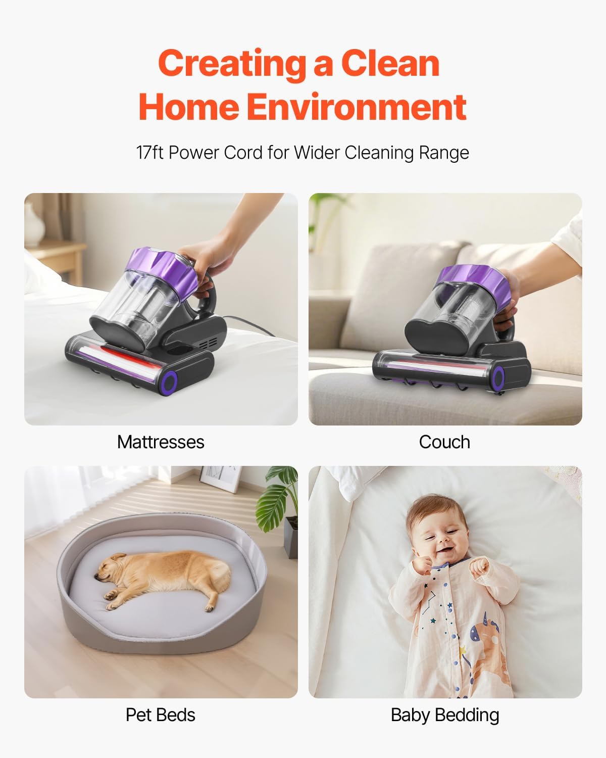 VEVOR Mattress Vacuum Cleaner, 550W Bed Vacuum Cleaner with 18Kpa Powerful Suction and Dual Dust Bin, HEPA Filter & Heating, Ultrasound Tech & Cleaning Lights, Handheld for Bed, Sofa, Corded, Gray