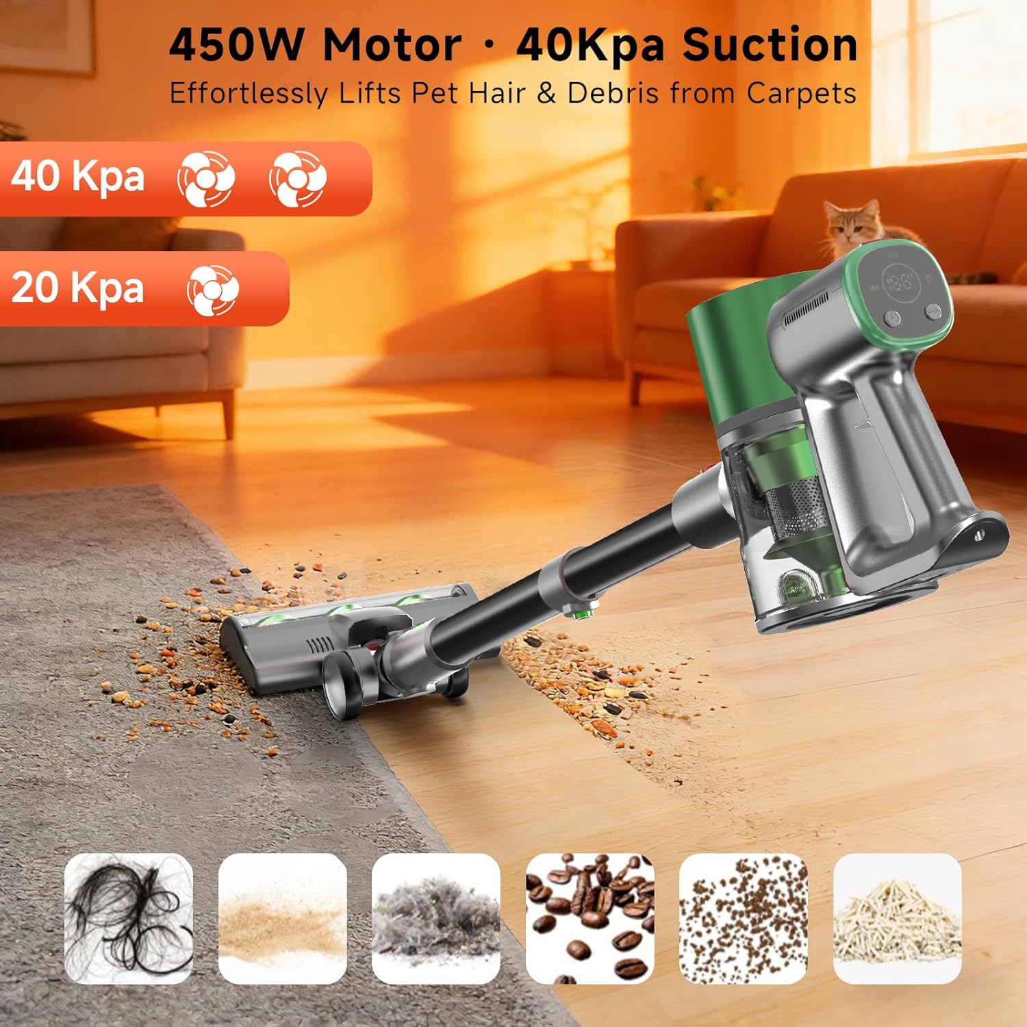 Cordless Stick Vacuum Cleaner - Lightweight Handheld Vacuum with Self Standing, Removable Battery with 45min Running Time, Anti-tangle Wireless Vacuum for Home Pet Hair/Hardwood Floor/Carpet GB