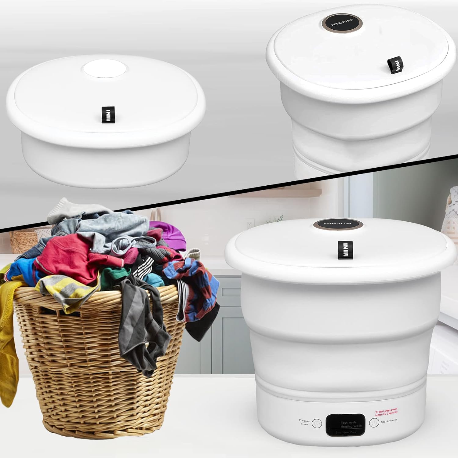 Mini Portable Washing Machine - Small Foldable Bucket Washer for Clothes- For Camping, RV, Travel, Small Spaces. (White)