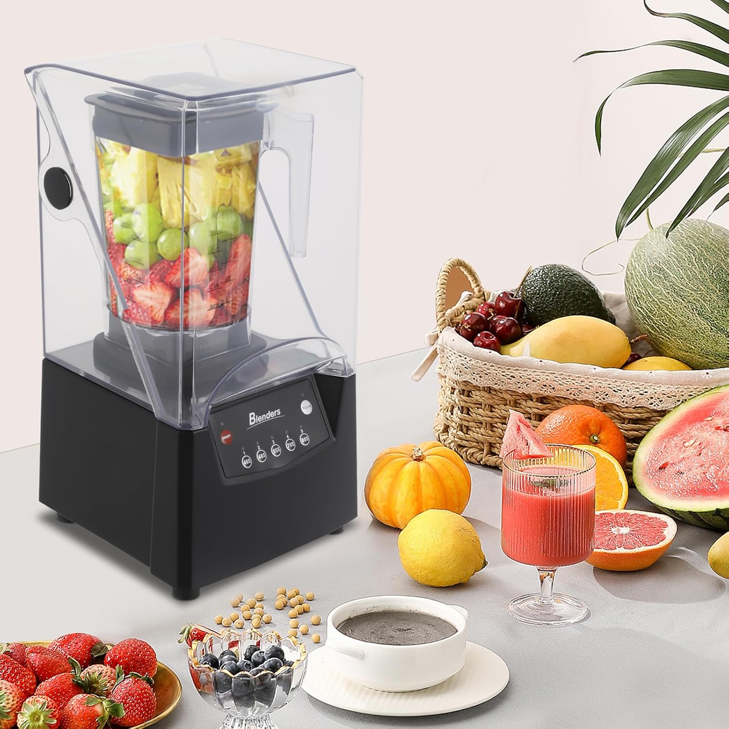 Soundproof Smoothie Machine 1.8L Large Capacity Commercial Blender All in One Blender for Smoothies with Soundproof Cover with Buckle & Custom Time for Ice Crush & Shakes 110V 2600W
