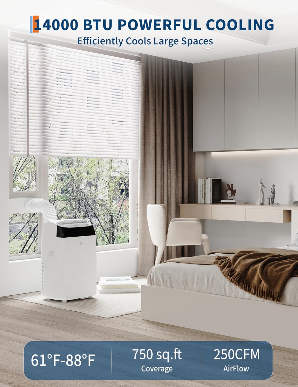 14,000 BTU Portable Air Conditioners - 3 in-1 Standing AC Units Powerful Quiet Smart Air Conditioning Cools Within 750 Sq.Ft with Remote Control Dry/Fan Modes for Indoor Large Room Dorm