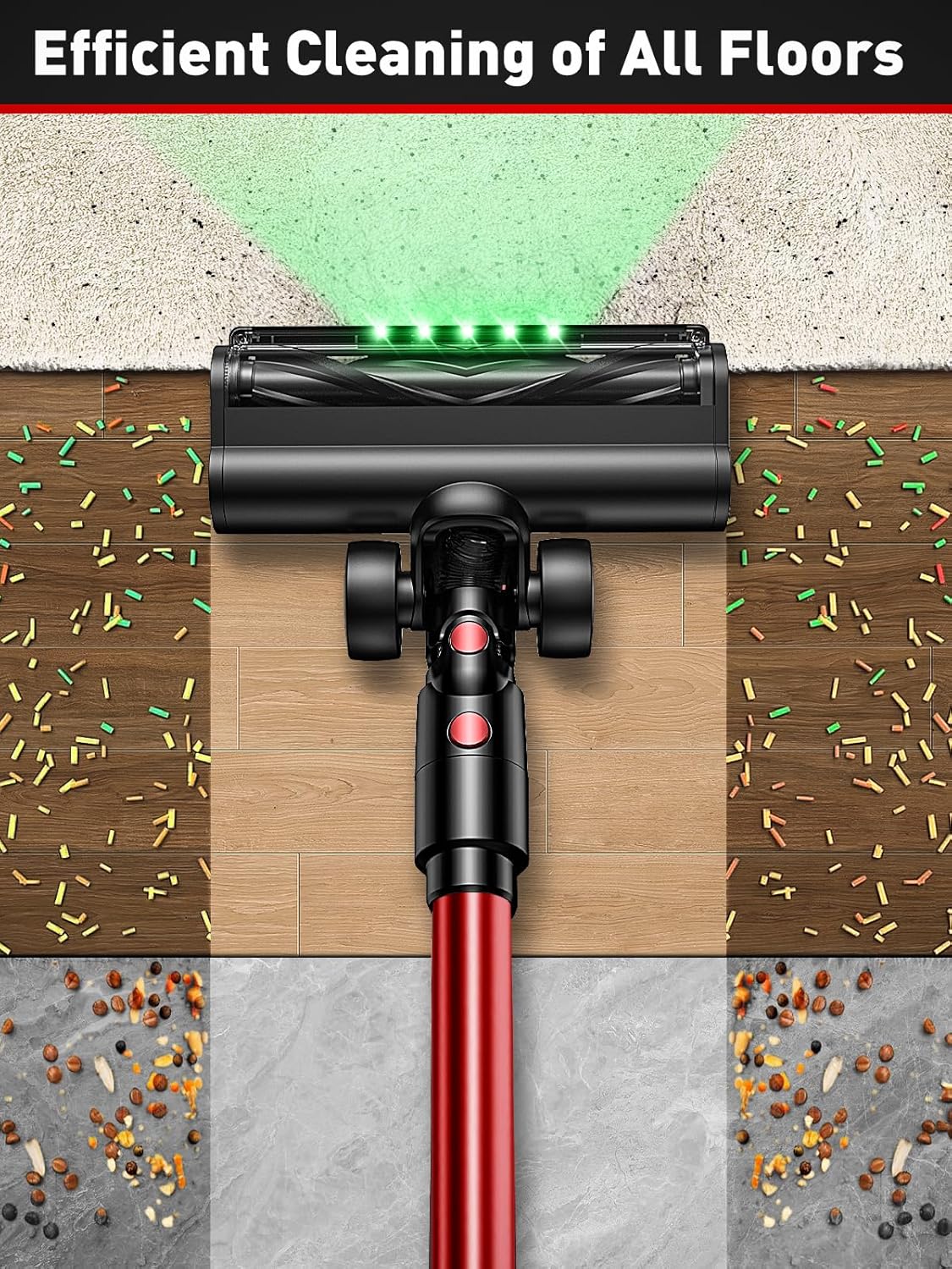 Cordless Vacuum Cleaner, 45KPA 8-in-1 Vacuum Cleaners for Home, 50Mins Runtime, Anti-Tangle Stick Vacuum with LED Display, Rechargeable Lightweight Vacuum for Pet Hair/Carpet/Floor (Red)