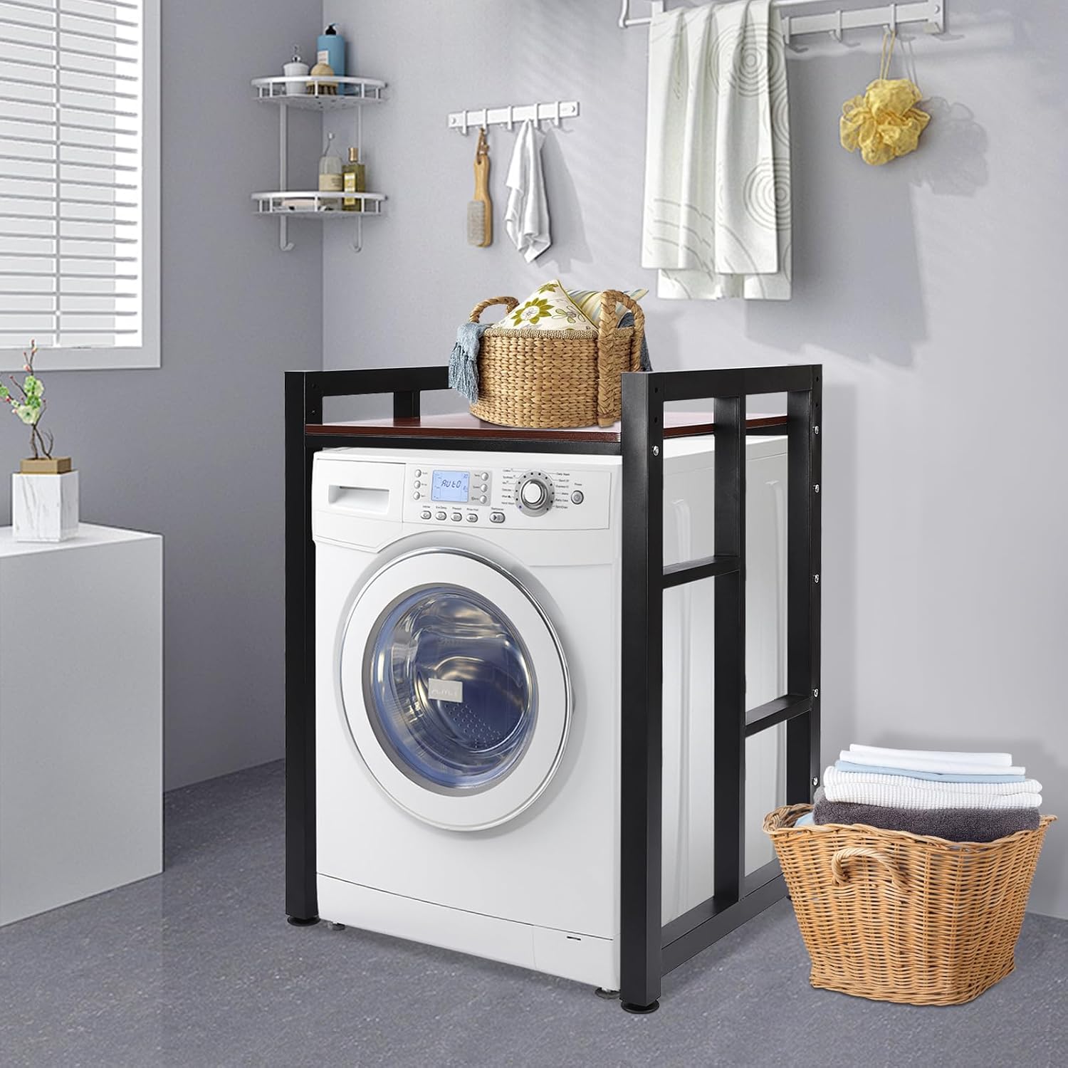 Washer Dryer Stacking Rack Stand, Heavy Duty Over Washer&Dryer Shelves with Adjustable Shelf, Space Saver Stackable Storage Shelf for Laundry Room Apartments Bedrooms (Black, Teak Color)