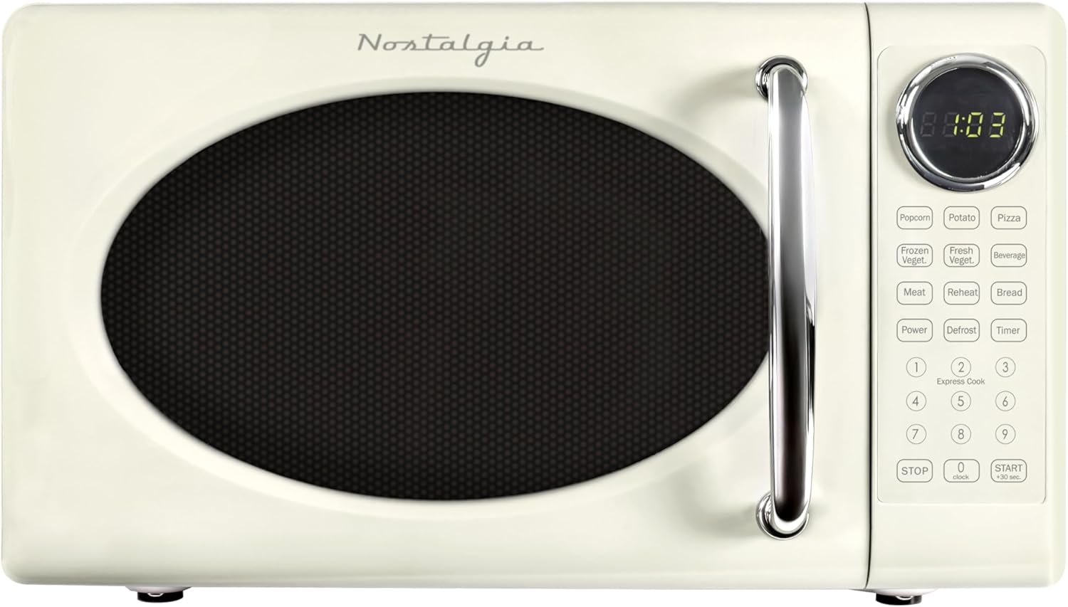 Nostalgia Retro 700W Microwave Oven 0.7 Cu Ft Capacity – Child Safety Lock, 8 Auto-Cook Settings – Countertop Kitchen Appliance – Ivory