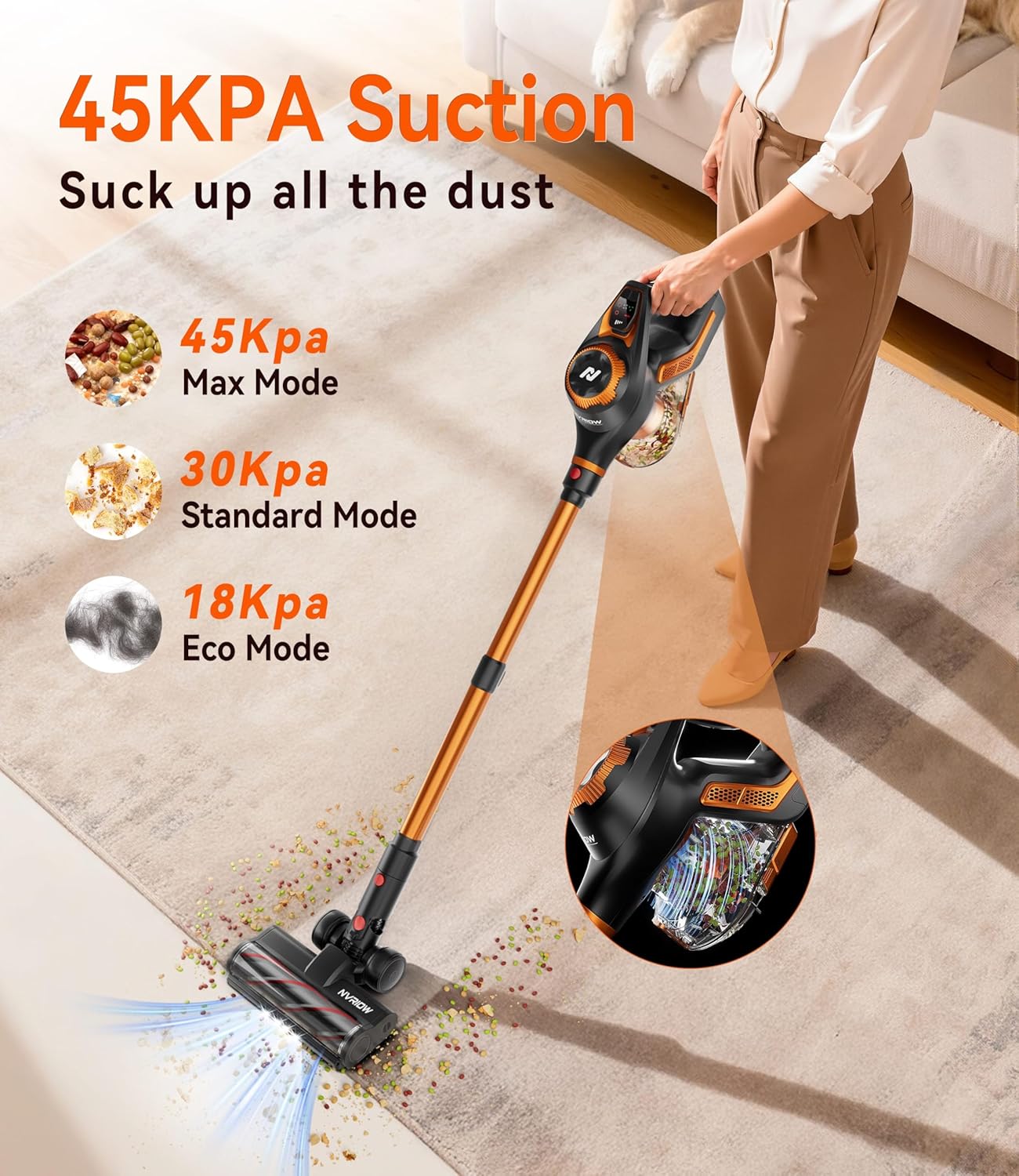 Cordless Vacuum Cleaner for Home, 45Kpa Stick Vacuum, Max 80mins Runtime, 1.5L Dust Cup, Rechargeable Lightweight Handheld Vacuum for Carpet/Hardwood Floor/Pet Hair/Car (Sunset Orange)