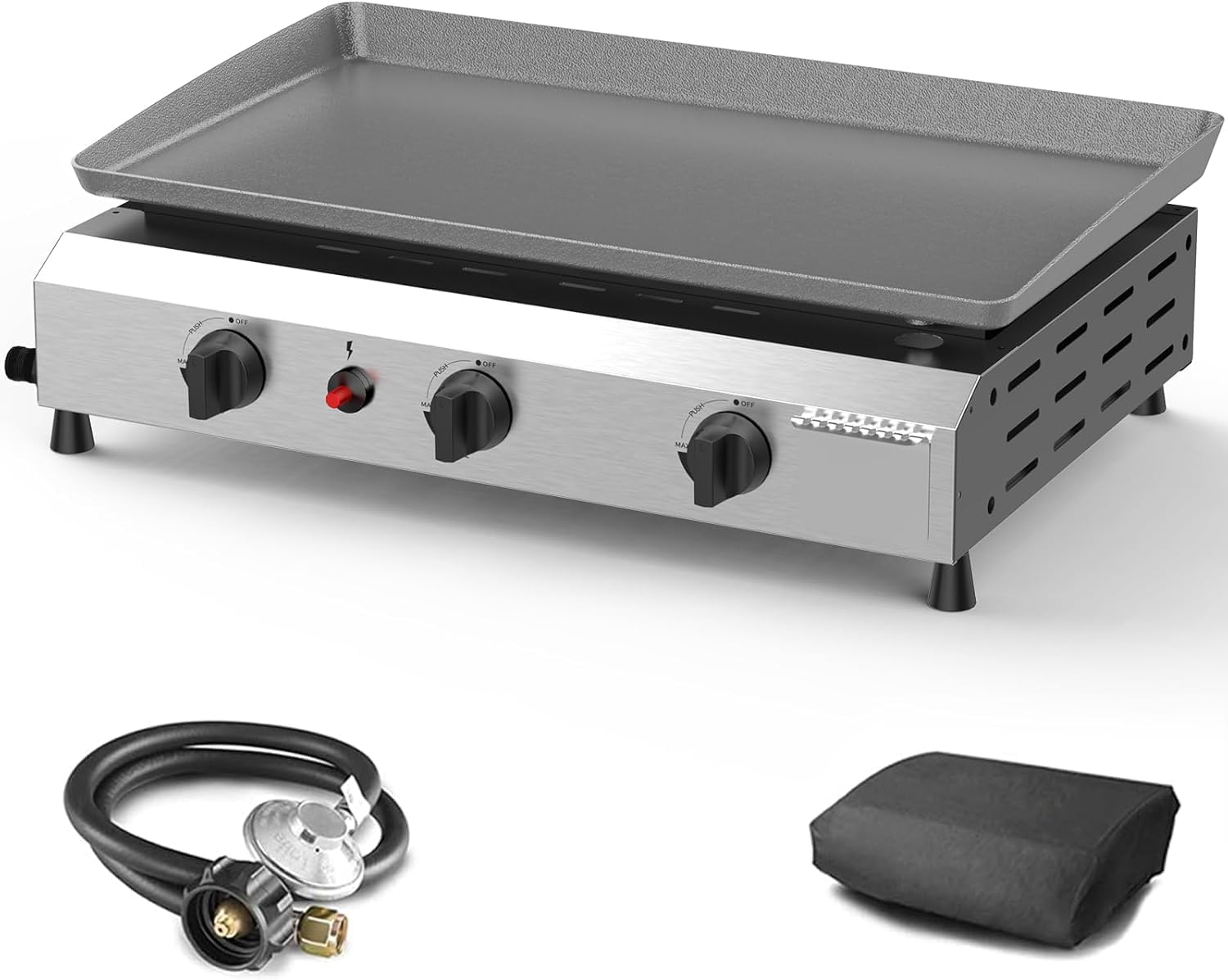 3 Burner BBQ Flat Top Grill, 25.6 Inch Stainless Steel Portable Detachable Gas Griddle, 30,000 BTU Propane Griddle for Camping