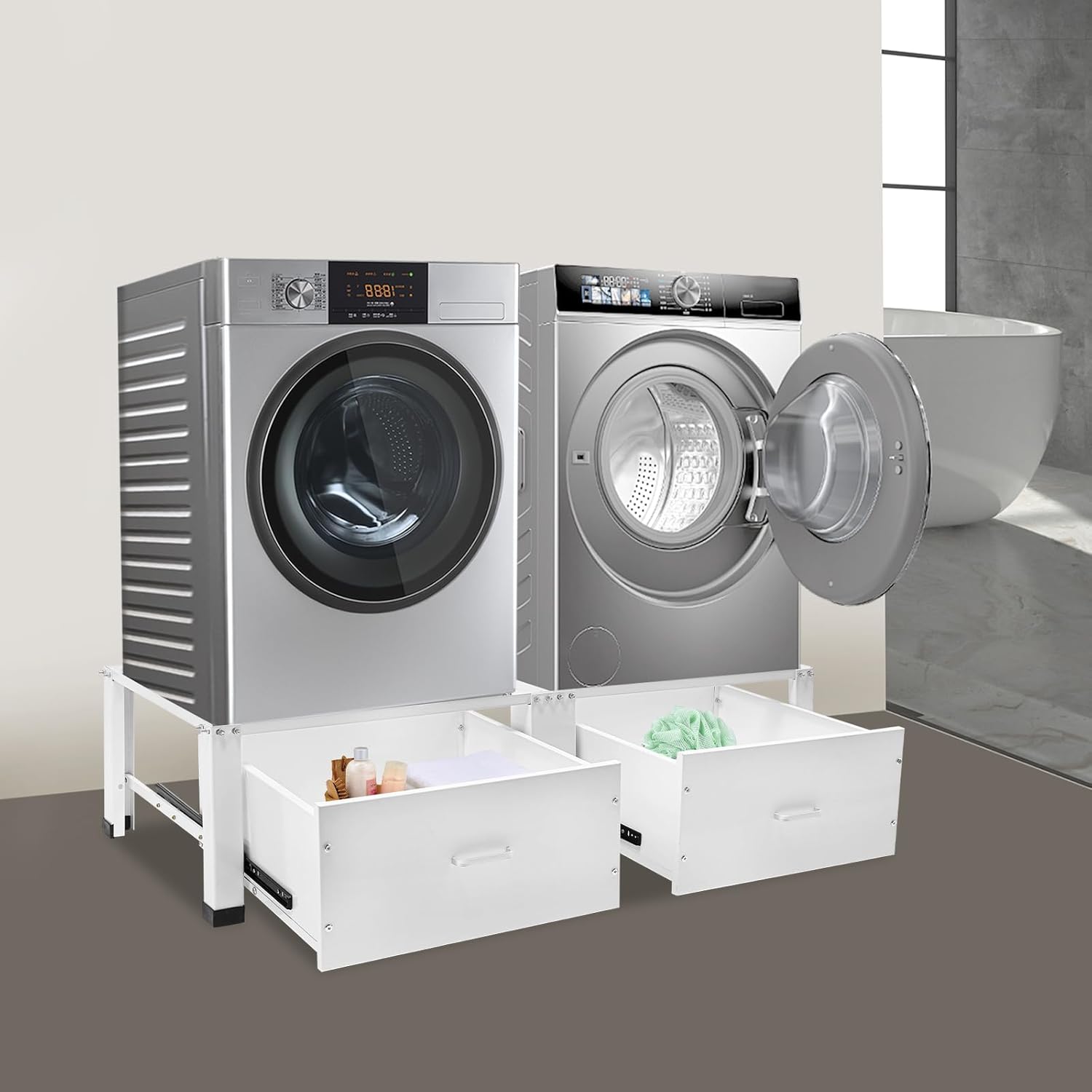 Washing Machine Base Frame with 2 Storage Drawers - Double Appliance Stand 440LB Capacity, Anti-Vibration Base for Washer Dryer Laundry Room Organization