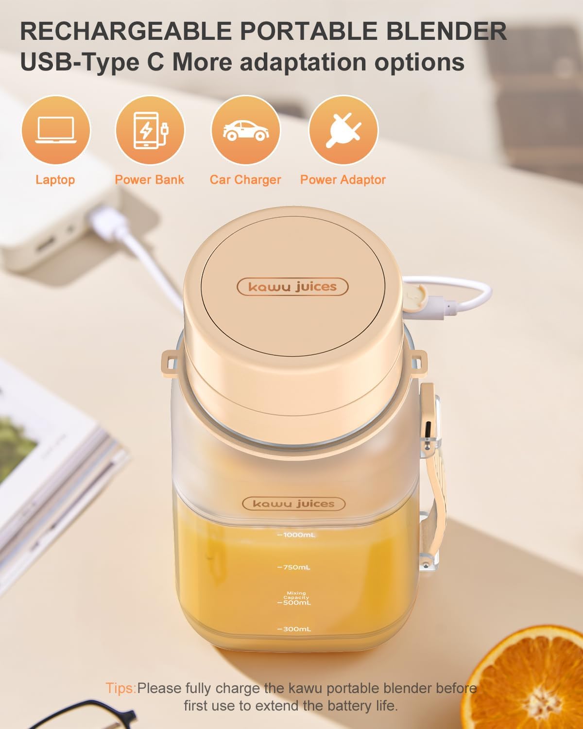 kawu Portable Blender, Portable Smoothie Blender On the Go, No-BPA, Shakes and Smoothies Leakproof-Lid and Sip Spout, USB-C Rechargeable, Recipes, with Handle/Strap, White