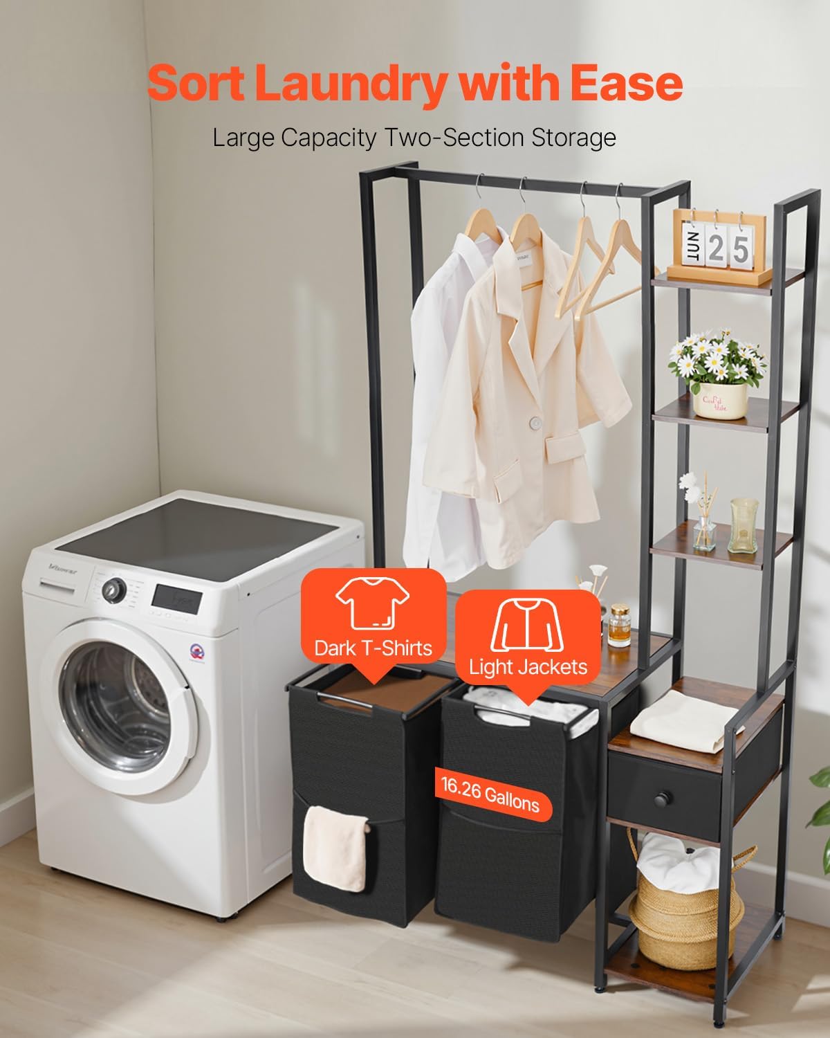 VEVOR 6 Tiers Laundry Sorter with Rack, Tall Laundry Hamper with Shelves and Drawers, 2 Section Freestanding Hanging Rack Storage with 600D Oxford Cloth Bags and Ladder Shelves for Dirty Clothes