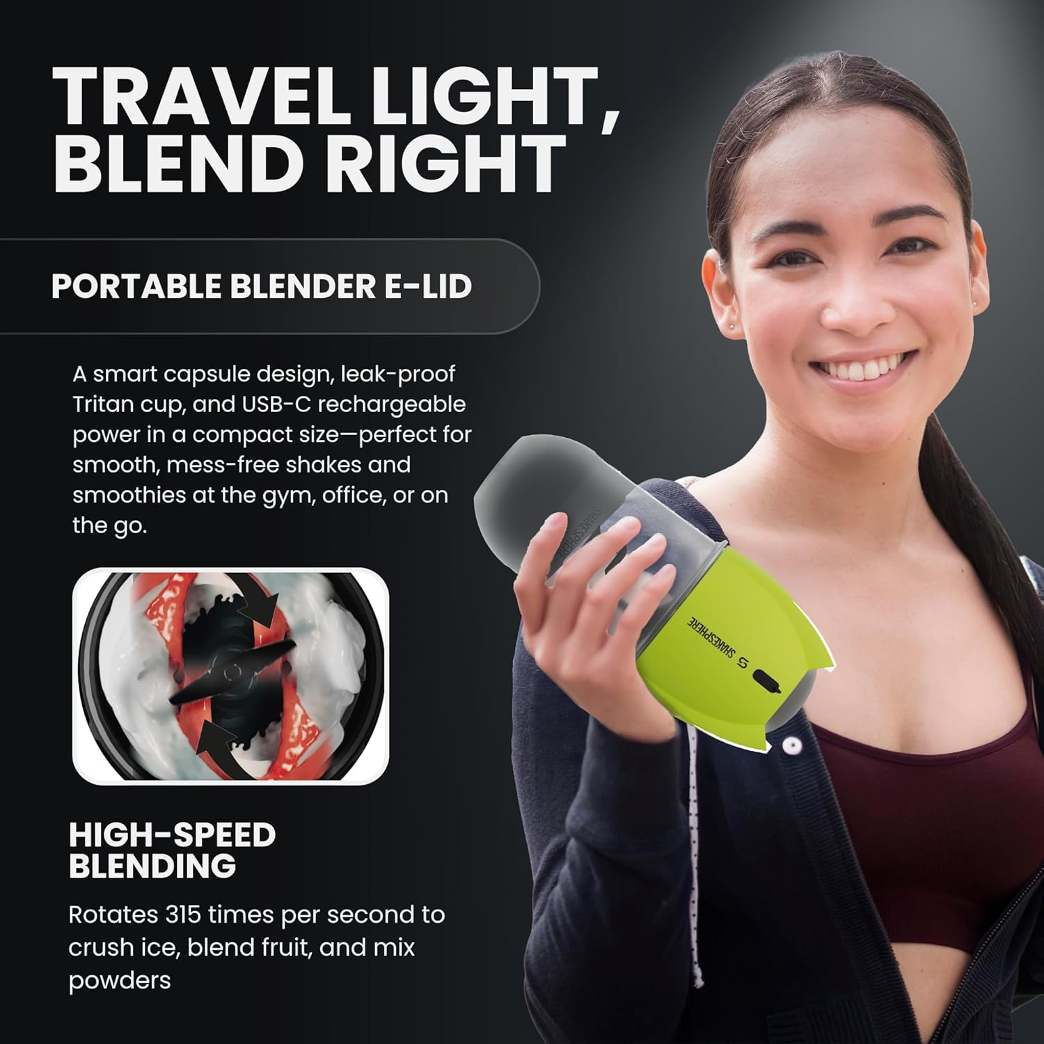 SHAKESPHERE Portable Blender for Shakes and Smoothies – 19oz Electric Personal Blender with Clear Tritan Cup, USB-C Rechargeable, Compact and Powerful for Travel, Gym, and Workout – Fluorescent Yellow