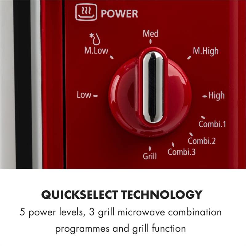 Klarstein Caroline - Freestanding Microwave Oven, 20L, 700/1000 W, Ø25.6 cm, 5 Power Levels, 3 Combined Functions, Stainless Steel Interior and Case, Retro Look, Red