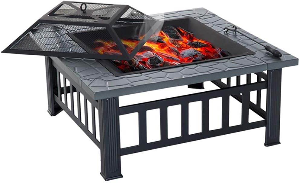 Outdoor Fire Pit with Grill Shelf for Garden and Patio, Outdoor Metal Brazier Square Table Garden Patio Heater//Ice Pit