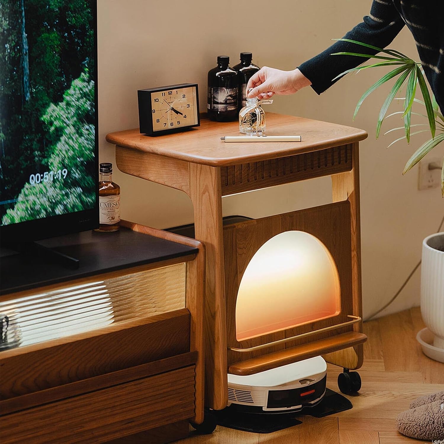 Robot Vacuum Storage Rack with Acrylic Doors，C-Shaped Wood Side Table，Stylish Minimalism & Beautiful，Robot Vacuum Storage Cabinet with Wheels，for Living Room Office Bedroom(Natural)