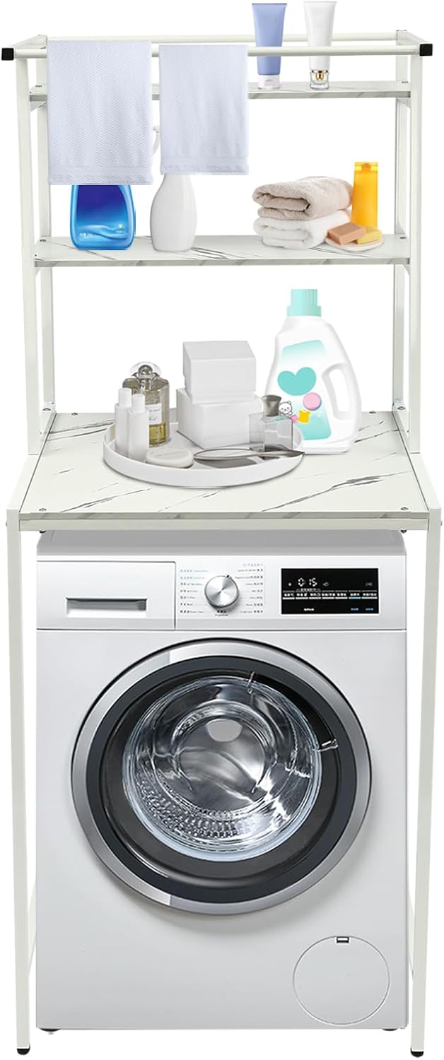 Over Washer and Dryer Storage Shelves, 3-Tier Freestanding Washing Machine Organizer Shelf with Drying Rack for Laundry Room Bathroom Garage, W27.2*D23.6*H69.5in (White & Marble)