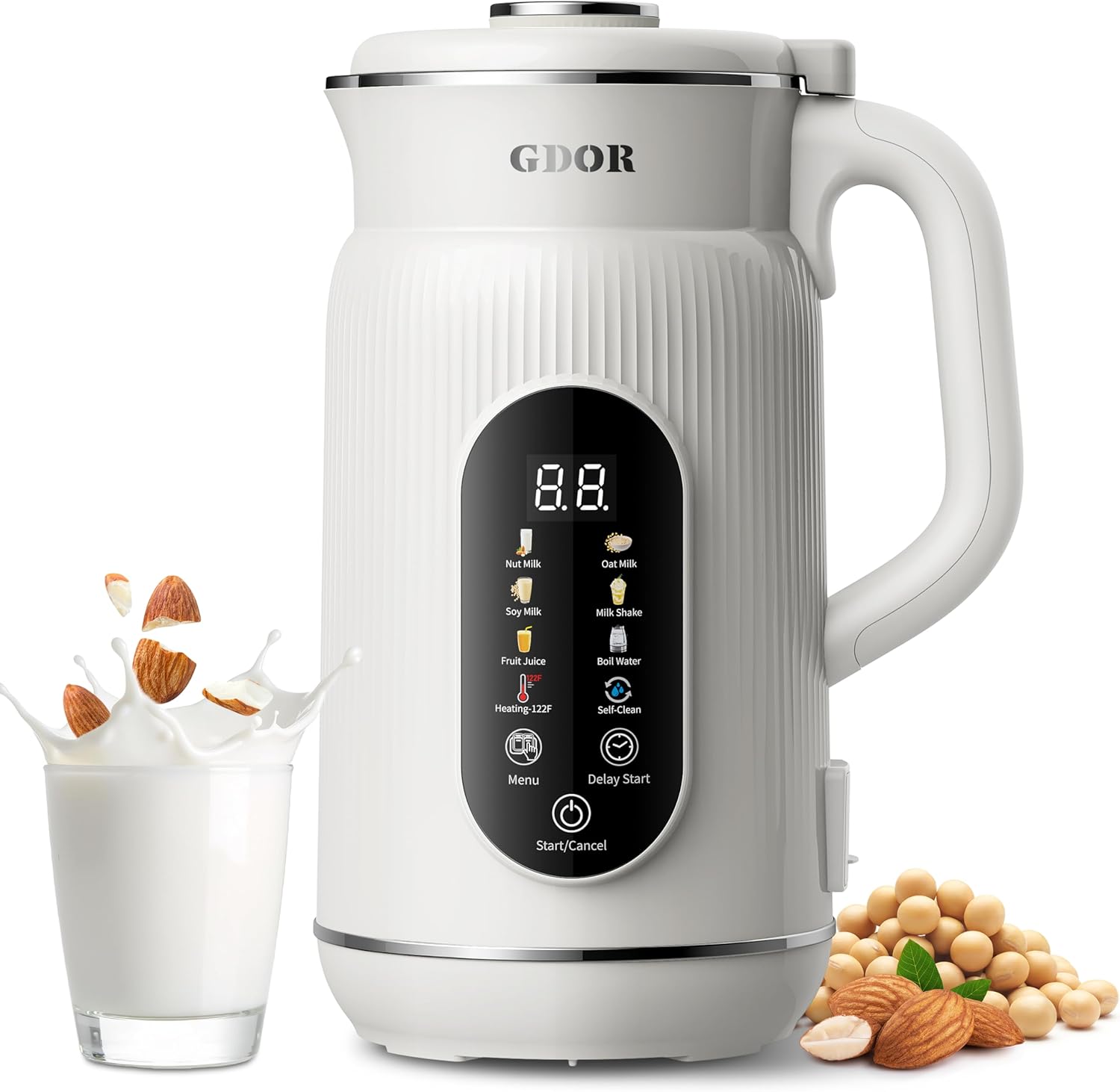 GDOR 42oz Smart Nut Milk Maker, 9-in-1 Plant Milk Machine for Almond, Oat, Soy, Juice & Smoothie, Large Touch Display Blender with Keep Warm, Boil Water, 12H Delay and Self-Cleaning
